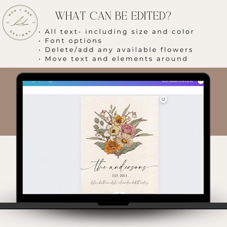 May include: A digital mockup of a printable wall art design featuring a bouquet of flowers in shades of pink, yellow, and white. The text "the andersons EST. 2013" is below the flowers.