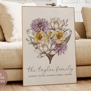 Birth month flower DIY family bouquet editable template with names.