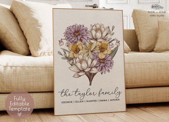 Personalized Christmas Gift for Mom or Grandma, Birth Flower Family Bouquet Printable, Custom Last Name Wall Art, Christmas Gift Ideas, DIY