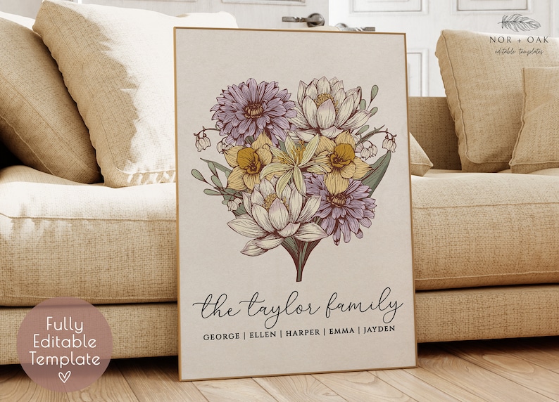 Birth month flower DIY family bouquet editable template with names.
