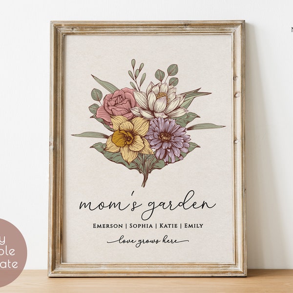 Custom Mother's Day Gift, Mom's Garden, Grandma's Garden, Family Birth Flower Bouquet Print, Personalized Flower Gift, Digital Download