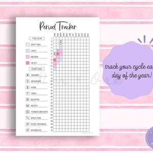 May include: A white period tracker chart with a grid for tracking flow, symptoms, and cycle days. The chart includes a color-coded key for flow levels and symptom icons. Text on the chart reads "Period Tracker" and "track your cycle each day of the year!"