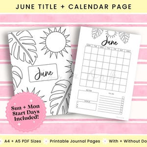 Printable Calendar Page June, Journal Printable, June Title Page, June Calendar, Monthly Title Page, Printable Title Page, Bullet Journal