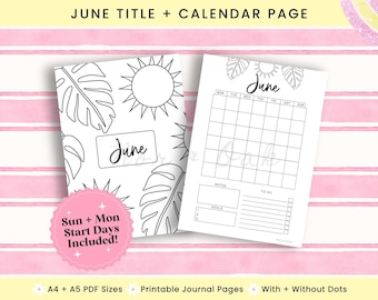 Printable Calendar Page June, Journal Printable, June Title Page, June Calendar, Monthly Title Page, Printable Title Page, Bullet Journal