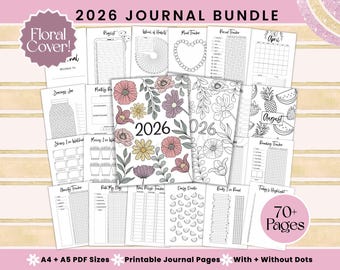 2026 Journal Bundle Printable, Bullet Journal Pages, A5 A4 Size, Journal Trackers, Habit & Mood Trackers, Bujo Undated Journal, Floral Cover