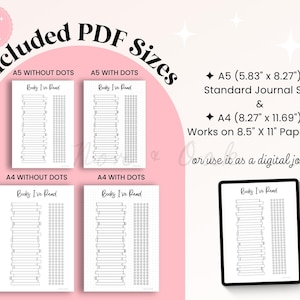 May include: A digital PDF with book tracker templates in A5 and A4 sizes. The templates include options with and without dots, and are designed for standard journal sizes. The text on the templates reads "Books I've Read".