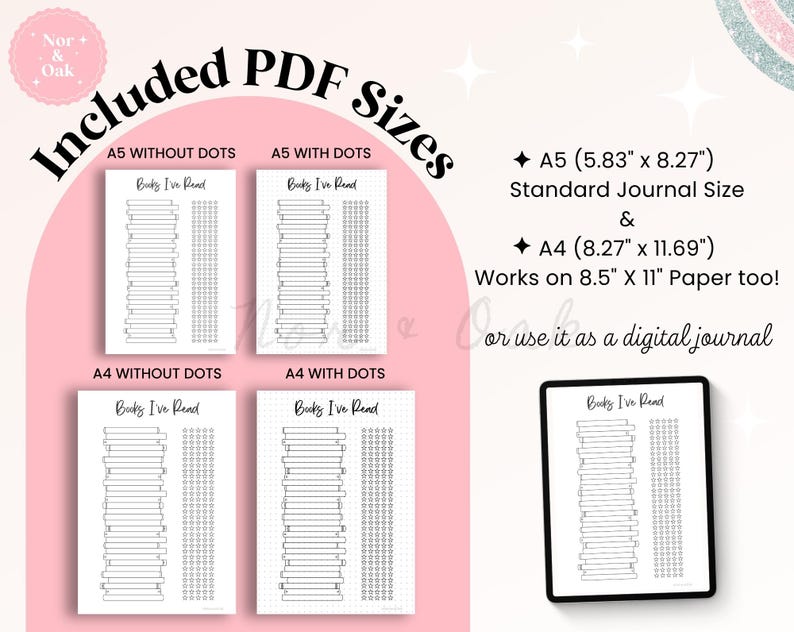 May include: A digital PDF with book tracker templates in A5 and A4 sizes. The templates include options with and without dots, and are designed for standard journal sizes. The text on the templates reads "Books I've Read".