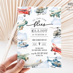Convite de aniversário de avião editável, convite de aniversário do Time Flyes, convite de aniversário infantil, convite de aniversário de menino, para impressão, download instantâneo