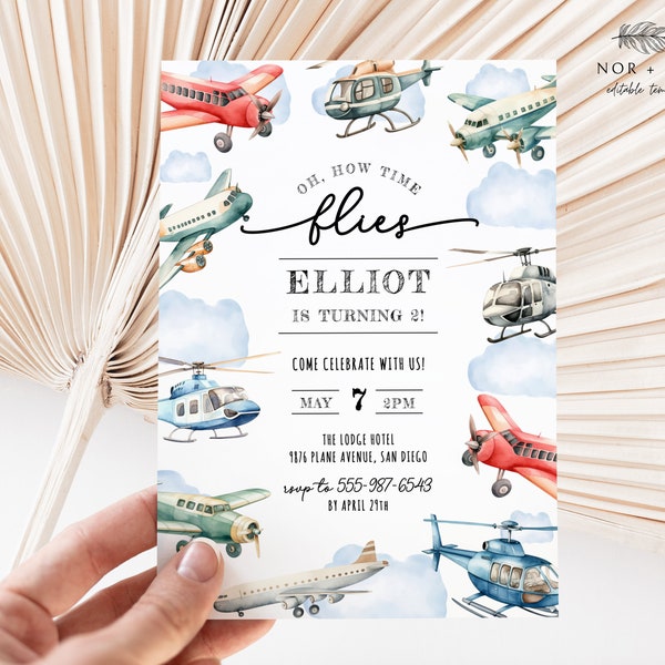 Editable Airplane Birthday Invitation, Time Flies Birthday Invitation, Kid Birthday Invite, Boy Birthday Invite, Printable Instant Download