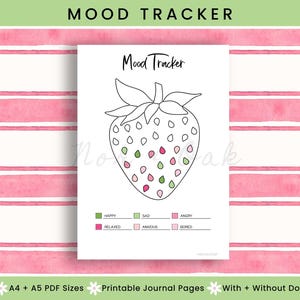 May include: A printable mood tracker with a strawberry design. The strawberry is outlined in black and filled with green, pink, and red dots. The words "Mood Tracker" are at the top. Labels for moods are below the strawberry.