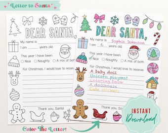 Op de afbeelding: Twee afdrukbare "Brief aan de Kerstman" sjablonen. Eén is ingevuld met de naam van een kind en kerstwensen. De andere is leeg. Beide bevatten feestelijke illustraties en de tekst "Letter to Santa" en "Color The Letter!"
