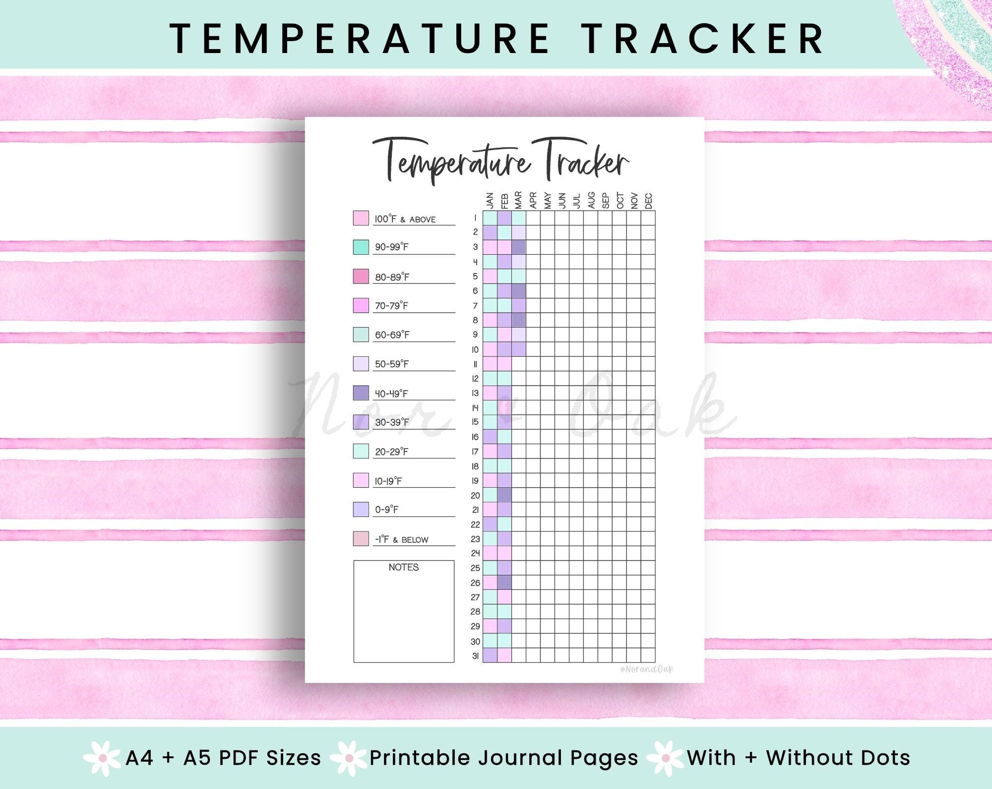 Temperature Tracker, Journal Printable, Weather Tracker, Yearly Tracker, Weather Journal, Temp Log, Weather Log, Temperature Log, Bujo Page