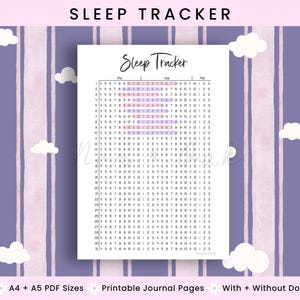 May include: A white sleep tracker journal page with a grid for tracking sleep patterns. The page has the title "Sleep Tracker" at the top. The background is a purple and white striped pattern with white cloud illustrations.