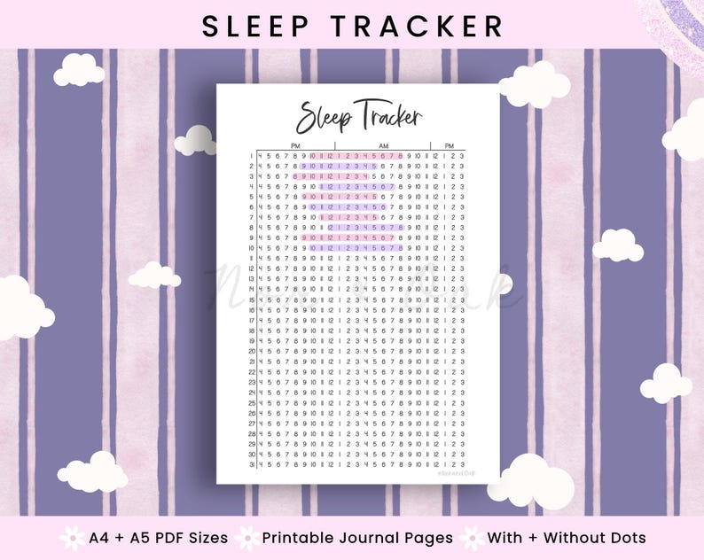 Puede incluir: Una p&aacute;gina de diario de seguimiento del sue&ntilde;o blanca con una cuadr&iacute;cula para rastrear los patrones de sue&ntilde;o. La p&aacute;gina tiene el t&iacute;tulo "Sleep Tracker". El fondo es un patr&oacute;n de rayas moradas y blancas con ilustraciones de nubes blancas.