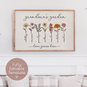 Grandma's Garden Birth Flower Printable, Personalized Gift for Grandma, Family Birth Flower Bouquet, Mother's Day Gift, With Grandkids Names