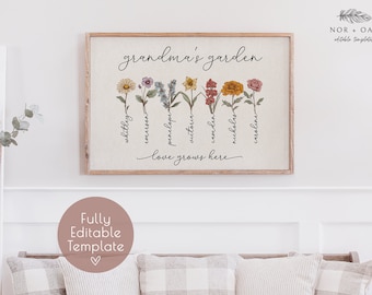 Grandma&#39;s Garden Personalized, Custom Birth Flower Gift, Custom Mother&#39;s Day Gift for Grandma, Nana Gift, Grandkids Names Sign, Printable