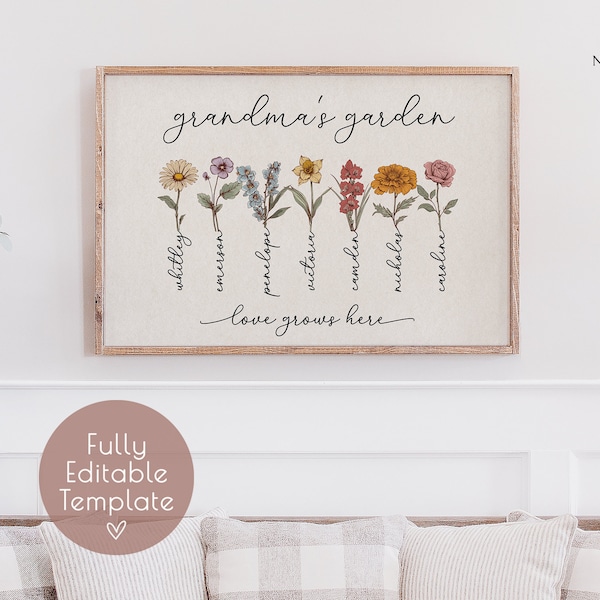 Omas Garten-Geburtsblume zum Ausdrucken, personalisiertes Geschenk für Oma, Blumenstrauß zur Familiengeburt, Muttertagsgeschenk, mit Namen der Enkelkinder