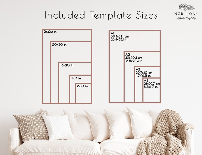 Template sizes include 24 by 36 in, 20 by 30 in, 16 by 20 in, 11 by 14 in, 8 by 10 in, A1, A2, A3 and A4.