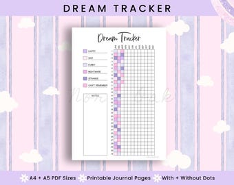 May include: A white Dream Tracker journal page with a grid for tracking dreams. The page includes sections for Happy, Sad, Funny, Nightmare, Strange, and Can't Remember dreams. The text "Dream Tracker" is at the top. The background is a pastel purple and pink striped pattern.