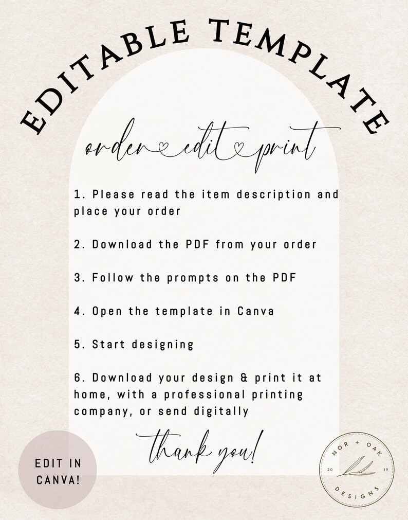 May include: Editable template instructions with a heart graphic and the text "order edit print". The instructions are to read the item description, download the PDF, follow the prompts, open the template in Canva, start designing, download the design, and print or send digitally. The text "Edit in Canva!" is in a box at the bottom left. The text "thank you!" is in cursive at the bottom centre. A logo with the text "NOR OAK DESIGNS" is at the bottom right.