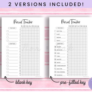 May include: Two versions of a period tracker are shown. The left version has a blank key, while the right version has a pre-filled key. Both trackers have sections for flow and symptoms, with checkboxes for tracking. The text "Period Tracker" is at the top.