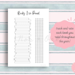 May include: A white printable book tracker with the text "Books I've Read" at the top. A stack of books is on the left, and a column of stars is on the right. Pink text says "track and rate each book you read throughout the year!"