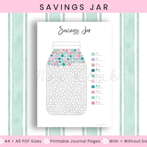 Puede incluir: Un gráfico de tarro de ahorro imprimible blanco con el texto "Savings Jar" en la parte superior. El tarro está lleno de puntos de colores, y una clave a la derecha enumera cantidades de 2 € a 55 €. El fondo es un patrón de rayas.