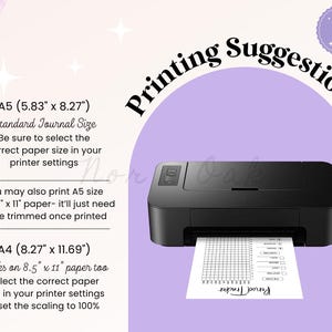 May include: A black printer with a sheet of paper labeled "Period Tracker" is shown on a light purple background. Text on the left side provides printing suggestions for A5 and A4 paper sizes, including dimensions in inches. The image includes the text "Printing Suggestions".