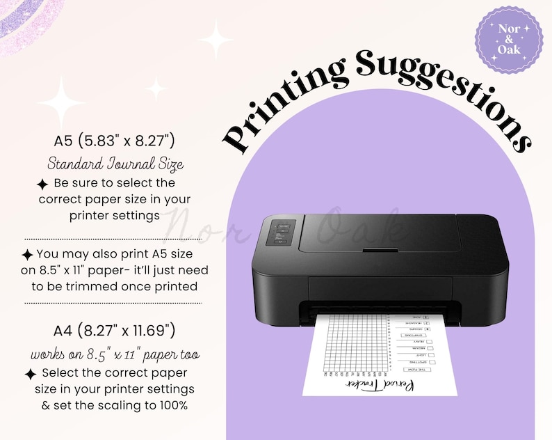 May include: A black printer with a sheet of paper labeled "Period Tracker" is shown on a light purple background. Text on the left side provides printing suggestions for A5 and A4 paper sizes, including dimensions in inches. The image includes the text "Printing Suggestions".