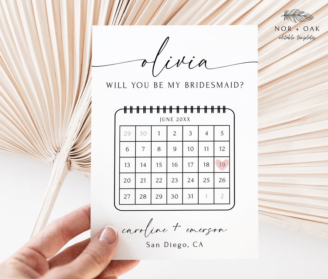 Bridesmaid Proposal Calendar Card Printable, Will You Be My Bridesmaid