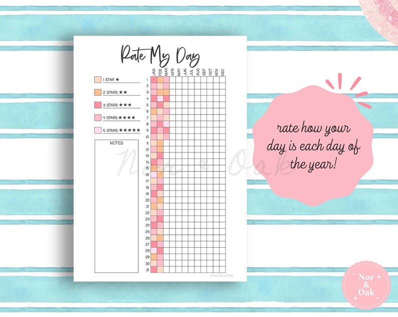 K&ouml;nnte beinhalten: Ein wei&szlig;es "Rate My Day" Planungsblatt mit einem Raster f&uuml;r t&auml;gliche Bewertungen. Das Blatt enth&auml;lt ein farbcodiertes Sternebewertungssystem und den Text "Rate how your day is each day of the year!" auf einer rosa Form.