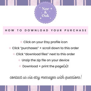 Puede incluir: Una hoja de instrucciones de descarga digital con un borde a rayas lavanda y blanco. El texto dice "C&oacute;mo descargar tu compra" y proporciona los pasos para descargar archivos de Etsy. El logotipo de Nor & Oak est&aacute; en la parte superior.