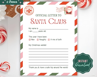 May include: A Christmas-themed printable letter to Santa Claus. The design includes a red and green border, a stamp graphic, and space to write a name, age, and Christmas wishlist. The text reads "Official Letter to Santa Claus."