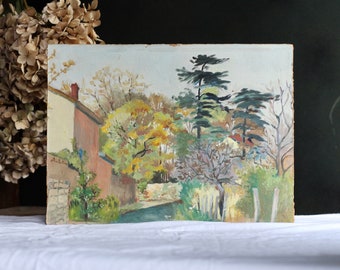 Vintage landscape painting. Acrylic on board. Signed by artist. Dated 1970. Original art. Unframed. Wall hanging. Trees. Naive. Rustic.