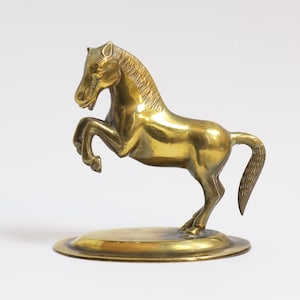 Vintage brass horse statue. Cast metal. Small size. Midcentury. Equestrian ornament. Gold tone. Horse lover gift. Circa 1970s.