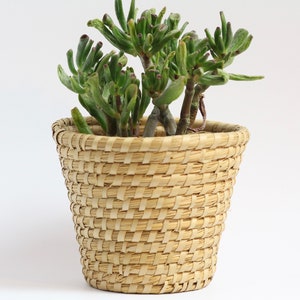 Vintage hand-woven basket. Extra-small size. Traditional design. Plant pot cover. Natural. Wicker. Small storage. Circa 1990s.