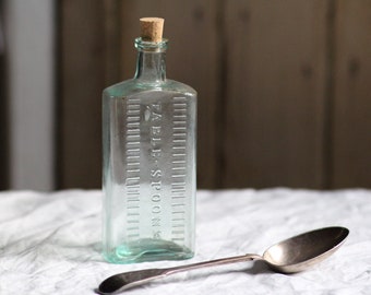 Antique ‘tablespoons’ bottle. Medicine bottle. Lightest green glass. With new stopper. Zero waste. Eco kitchen. Measuring. Circa Victorian.