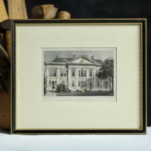 Original antique landscape engraving. ‘The Carpenter’s Hall’, London. Lithograph. Hand tinted. Framed. Glazed. Architectural. Circa 1820s.