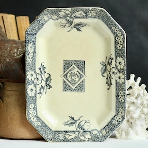 Antique Victorian ironstone serving plate. Aesthetic transferware. Alcock ‘Avon’ pattern. Large size. Floral/botanical pattern. Platter.