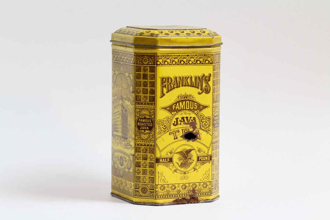 Vintage Aged Storage Tin. Franklins Famous Java Tea. Rusty. Metal