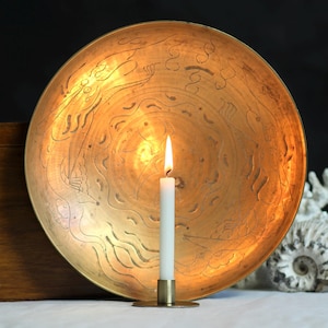 Vintage aged brass bowl. Large sized. Moulded metal. Gold tone. Engraved. Low shine. Serving dish. Candle holder. Chinese. Circa 1970s.