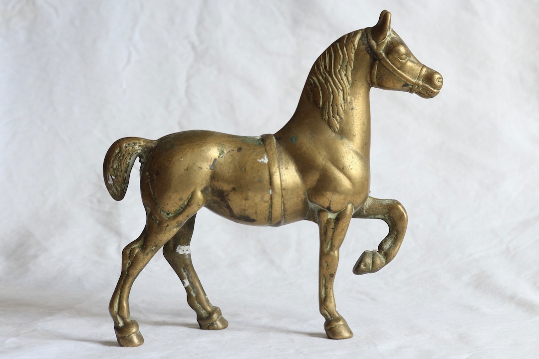 Vintage Brass Horse Statue. Cast Metal. Aged. Patinated. Midcentury