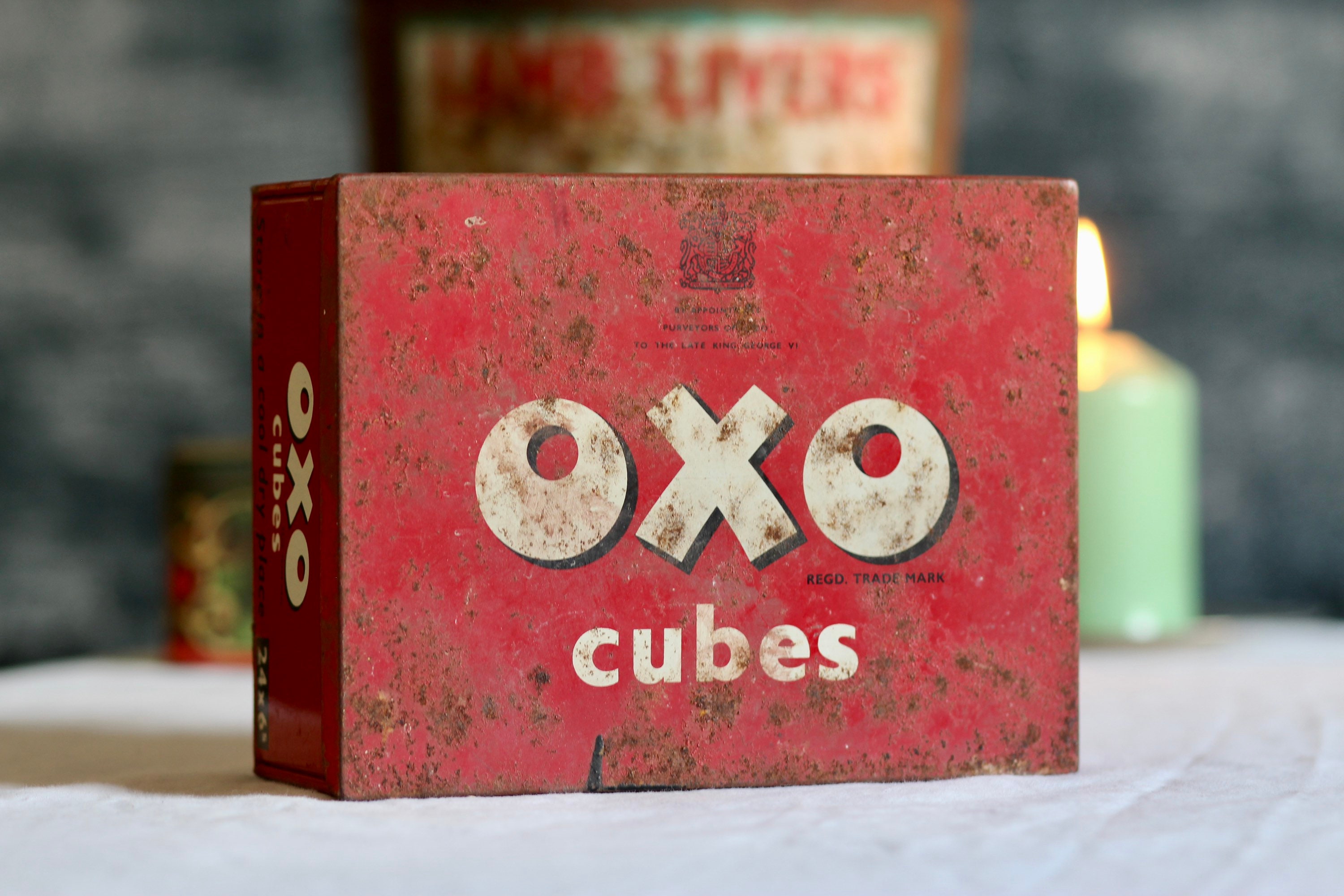 Vintage Storage Tin. OXO Cubes Box. Red Colour. Metal Container. Pantry.  Aged. Weathered. Circa 1970s. 