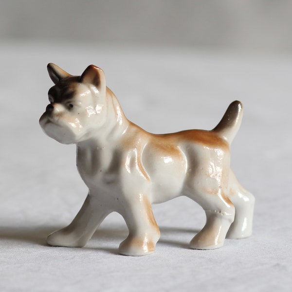 Mid-century ceramic bulldog statue. Miniature size. Pottery ornament. Dog figurine. Pet model. Animal statuette. Circa 1960s.