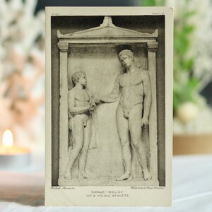 Cartolina antica del British Museum: Giovane atleta. Fotografia d'epoca autentica. Scultura greca antica. Interesse classico. Vittoriano. Circa 1890.