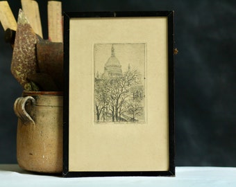 Original antike französische Landschaftszeichnung. 1906. Bleistift. Basilique du Sacre Coeur, Paris. Signiert. Gerahmt. Glasiert. Architektonisch.