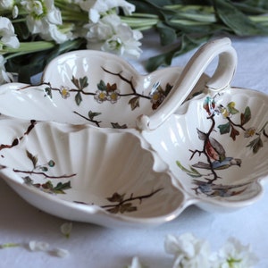 Victorian hand-painted porcelain serving plate. Three segment. Bird/floral design. With handle. Ceramic. Circa late 1800s.