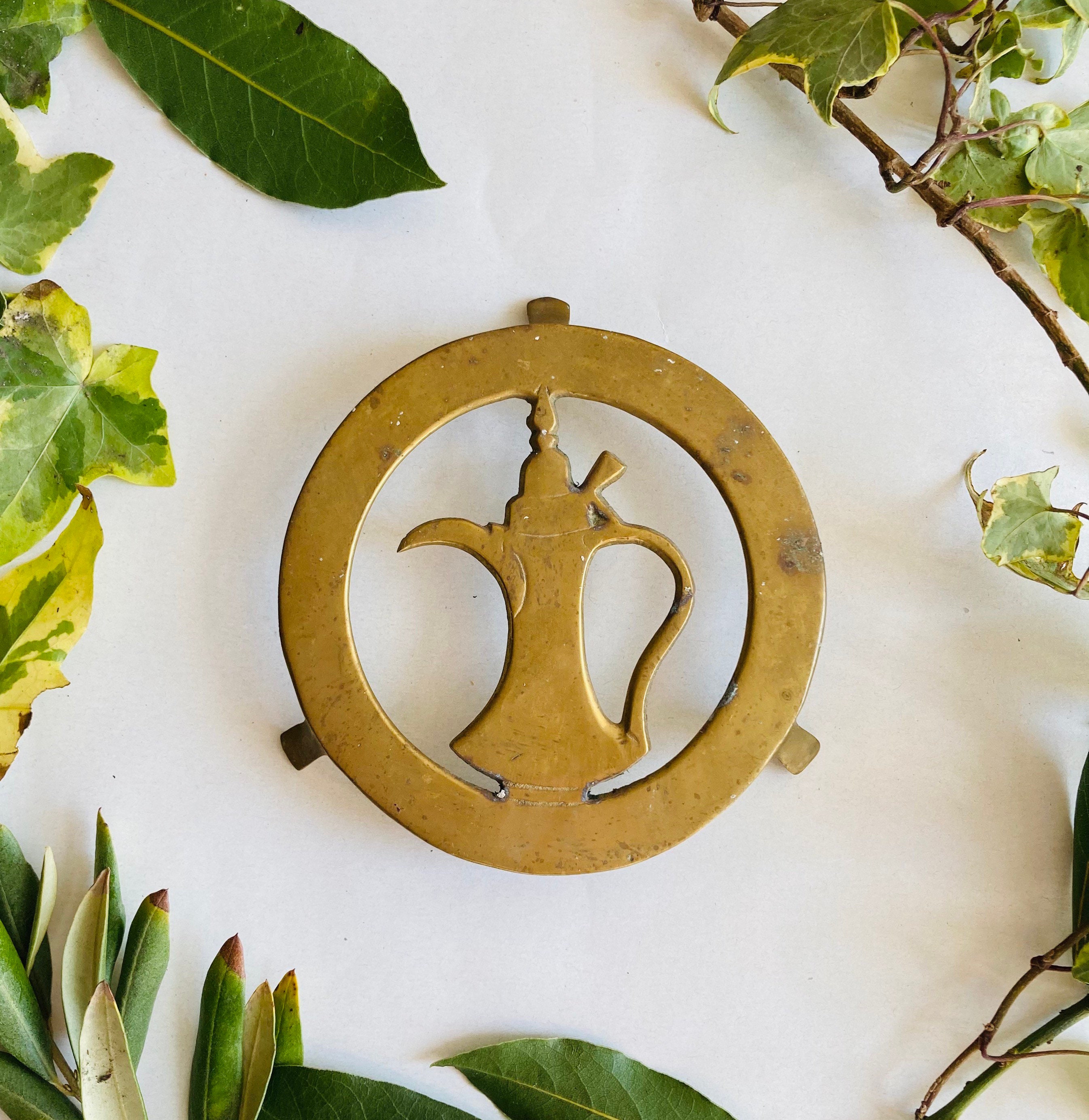 Vintage brass trivet. Coffee pot stand. Midcentury. With Etsy