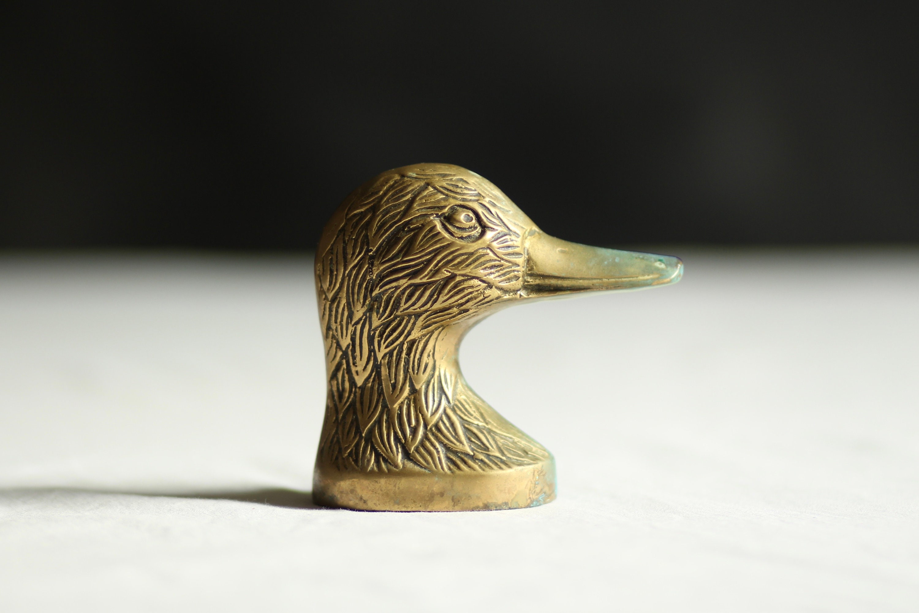 Vintage brass duck head statue. Cast metal. Small size. Midcentury. Bird  ornament. Animal bust. Gold tone. Circa 1960s.