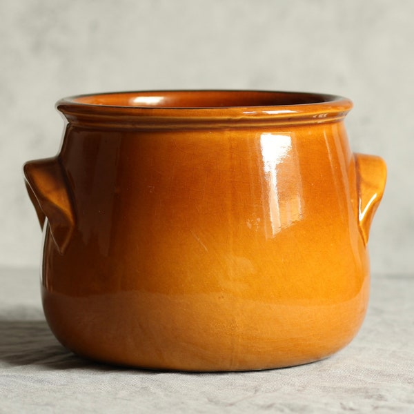 Vintage French ceramic cooking pot. Crock. Mustard glaze. Wide necked. Large sized. Planter. Storage. Pottery. Circa mid 20th century.